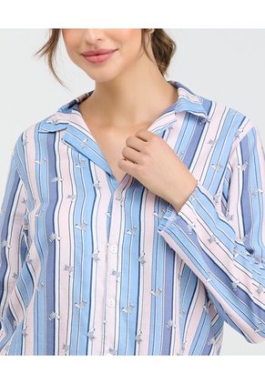 Pijama De Pantalón Camisa Manga Larga De Botones Estampado Azul 18718