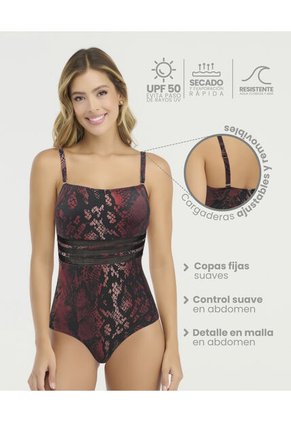 Vestido De Baño Entero Copas Fijas Cargadera Ajustable Estampado Vinotinto St Even 900085