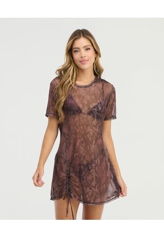 Vestido Corto En Malla Cuello Redondo Estampado Vinotinto St Even St Even