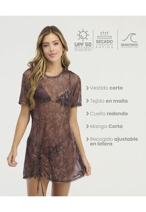 Vestido Corto En Malla Cuello Redondo Estampado Vinotinto St Even