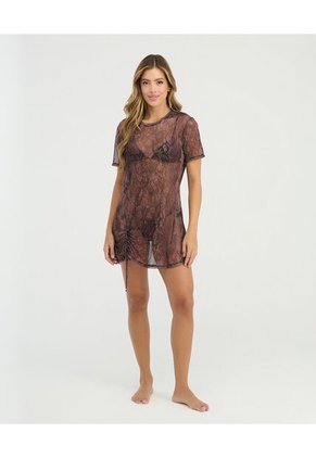 Vestido Corto En Malla Cuello Redondo Estampado Vinotinto St Even