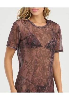 Vestido Corto En Malla Cuello Redondo Estampado Vinotinto St Even