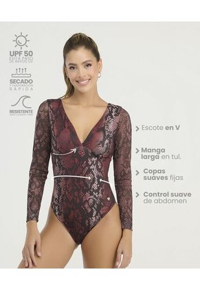 Vestido De Baño Entero Escote En V Manga Larga Estampado Vinotinto St Even 900083