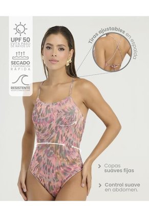 Vestido De Baño Entero Copas Fijas Tiras Ajustables Estampado Salmon St Even 900035