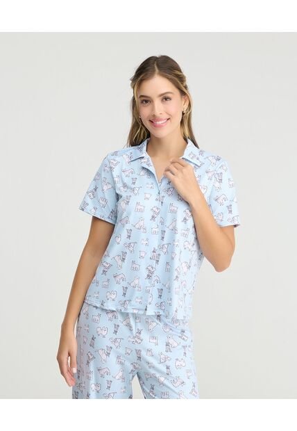 Pijama De Pantalón Cuello Clásico Botones Frontales Azul Claro St Even 18828