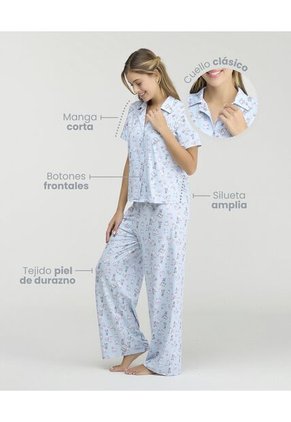 Pijama De Pantalón Cuello Clásico Botones Frontales Azul Claro St Even 18828