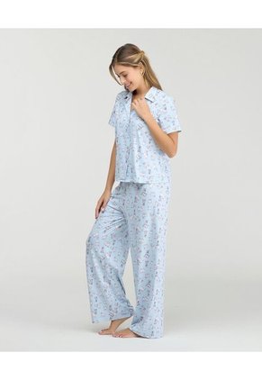 Pijama De Pantalón Cuello Clásico Botones Frontales Azul Claro St Even 18828