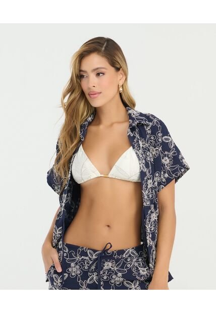 Camisa Manga Rodada Detalles Bordados Azul St Even 900057
