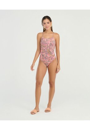 Vestido De Baño Entero Copas Fijas Tiras Ajustables Estampado Salmon St Even 900035