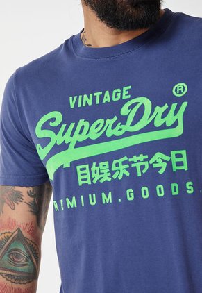 Camiseta Azul Navy-Verde Neón Superdry Vintage Logo Neon