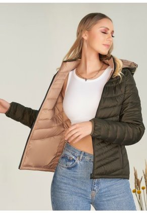 Chaqueta Mujer Corta Acolchada, Combinada Verde-Beige Tellenzi Amelia