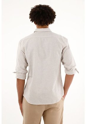 Camisa Café A Rayas Manga Larga Para Hombre