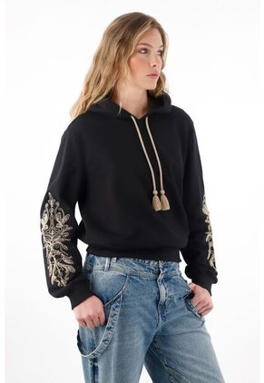 Tennis Buzo Amplio Con Cordón Y Bordados Negro Para Mujer