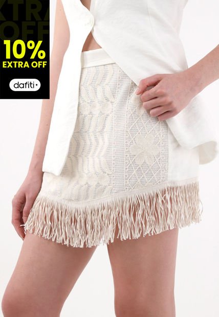 Falda Corta Con Fleco Y Bordados Crudo Para Mujer