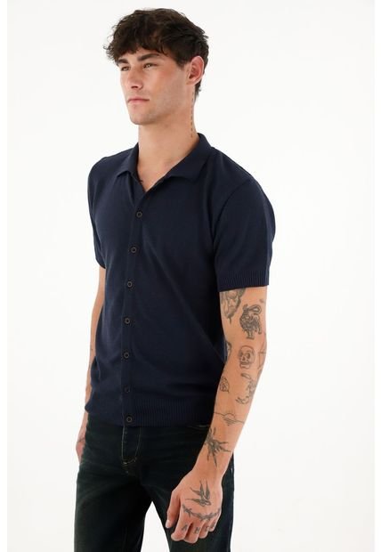 Camisa Tipo Polo Tejida Azul Para Hombre