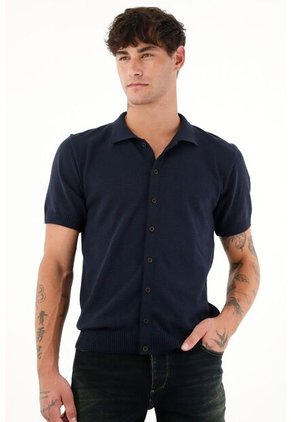 Camisa Tipo Polo Tejida Azul Para Hombre