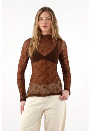 Tennis Camiseta Manga Larga De Tela Con Textura Café Para Mujer