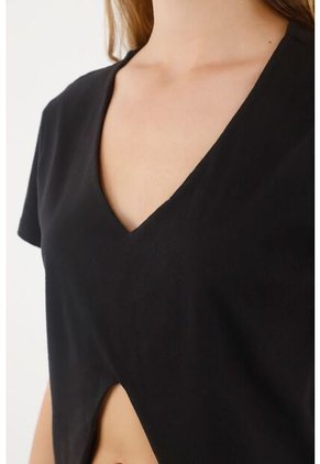 Tennis Camiseta Manga Corta Con Abertura En Delantero Negra Para Mujer