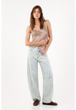 Tennis Jean Wide Leg Con Costuras Paneladas En Algodón Azul Claro Para Mujer