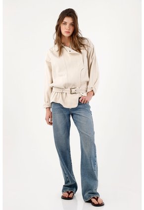 Tennis Cazadora Fit Relajado Con Cinturón De Algodón Beige Para Mujer