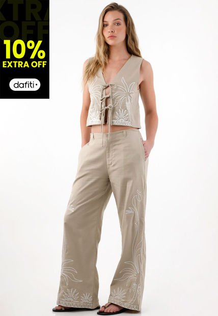 Pantalón Wide Leg Bordado Crudo Para Mujer