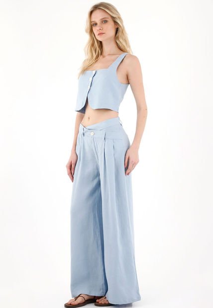 Pantalón En 100% Lino Azul Para Mujer