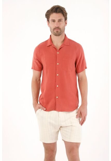 Tennis Camisa Manga Corta En 100% Lino Naranja Para Hombre