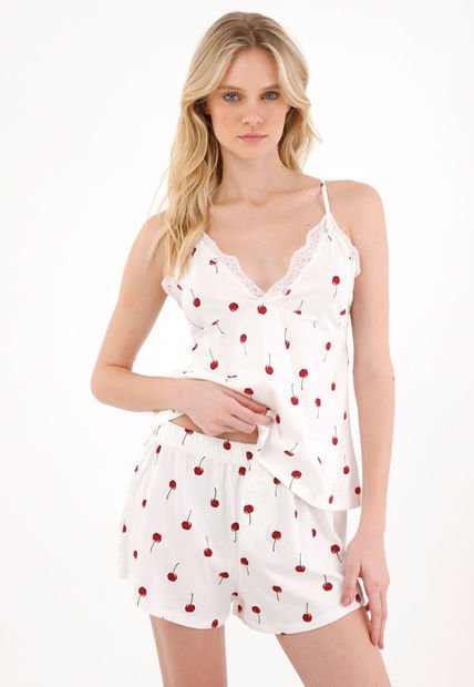 Pijama Con Encaje Y Estampado De Cerezas Para Mujer