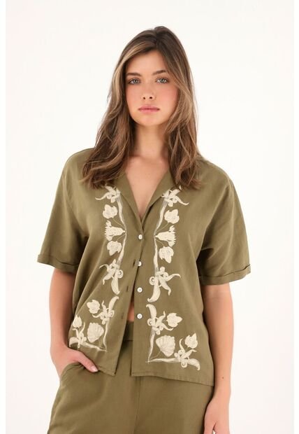 Camisa Tipo Bowling Con Detalles Imitación Bordado Para Mujer