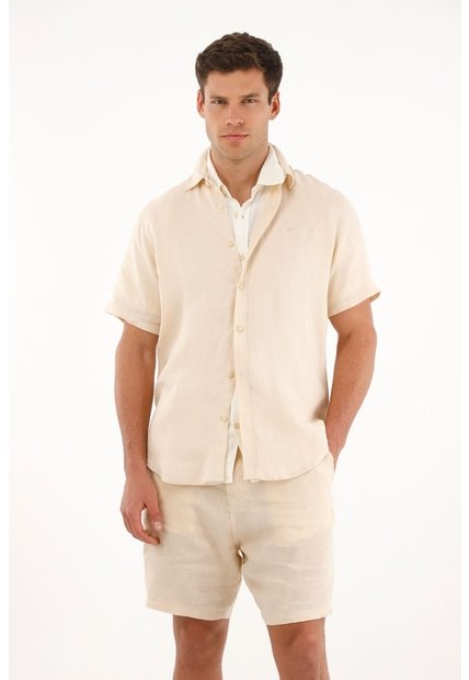 Camisa Manga Corta En 100% Lino Crudo Para Hombre