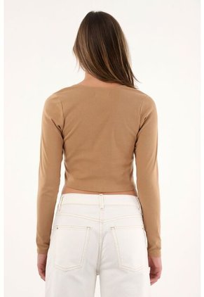 Camiseta Café Crop Abierta Con Tiras Para Anudar Para Mujer