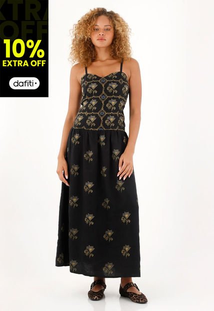 Vestido Largo En 100% Lino Con Estampado Para Mujer
