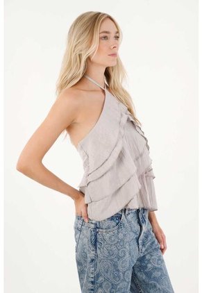 Tennis Camisa Con Boleros Y Detalles De Brillo Gris Para Mujer