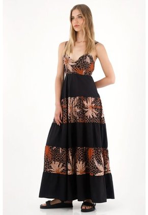 Tennis Vestido Largo De Franjas Estampadas Negro Para Mujer