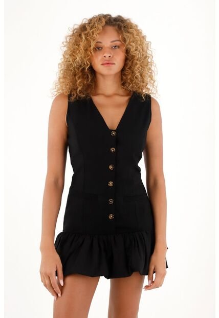 Vestido Corto Negro Con Falda Globo Para Mujer