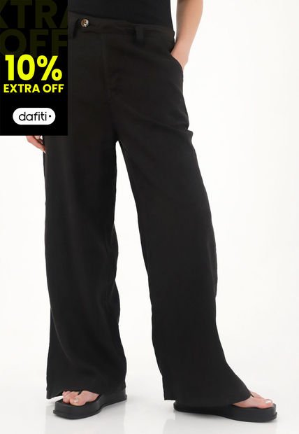 Pantalón Wide Leg Negro En 100% Lino Para Mujer