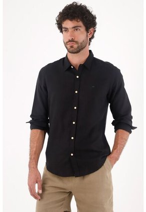 Tennis Camisa Para Hombre Lino Negro Corte Regular Con Botones Claros