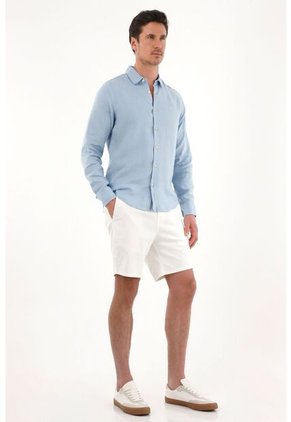 Tennis Camisa En 100% Lino De Manga Larga Azul Para Hombre