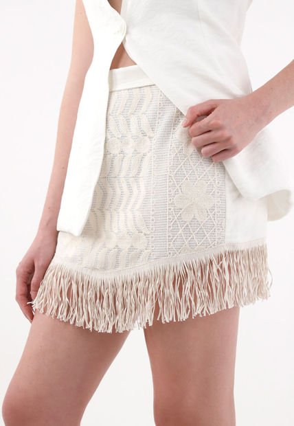 Falda Corta Con Fleco Y Bordados Crudo Para Mujer