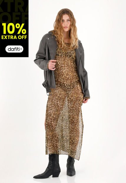 Vestido Largo Traslúcido Animal Print Para Mujer