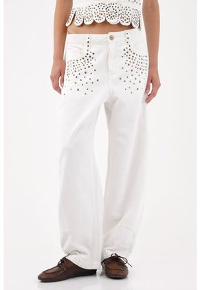 Tennis Pantalón Wide Leg Con Taches Metálicos En Algodón Blanco Para Mujer