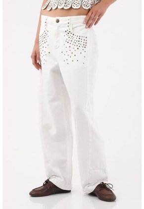 Tennis Pantalón Wide Leg Con Taches Metálicos En Algodón Blanco Para Mujer