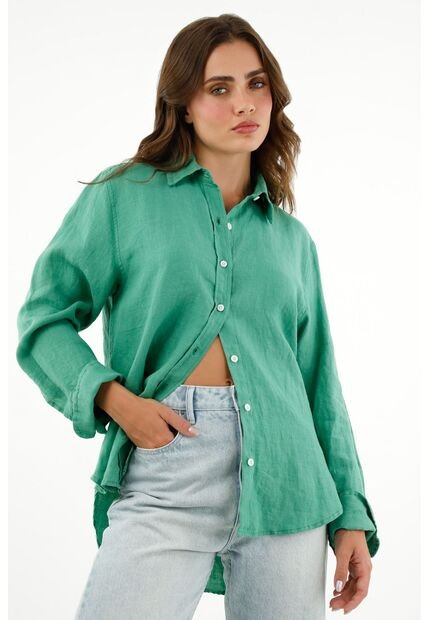 Camisa Verde En 100% Lino Para Mujer