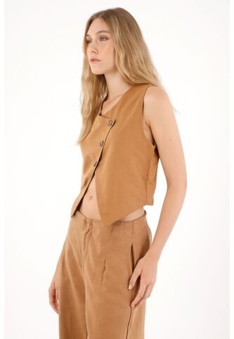 Tennis Chaleco En 100% Lino De Diseño Cruzado Café Para Mujer Tennis