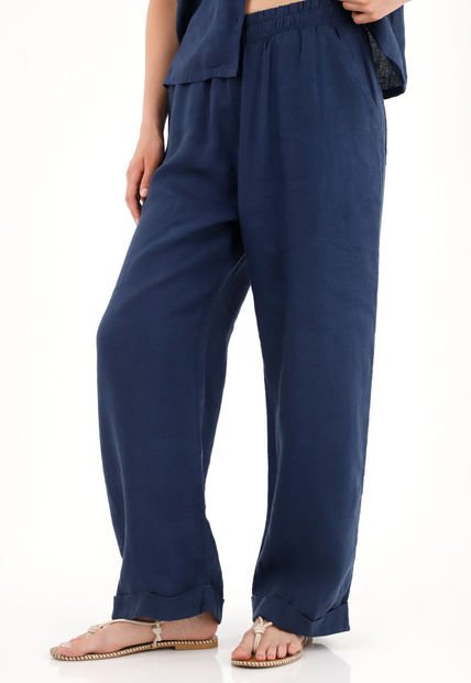 Pantalón Con Pretina Elástica En 100% Lino Para Mujer
