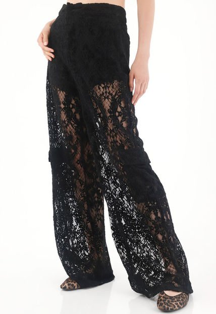 Pantalón Wide Leg De Encaje Negro Para Mujer