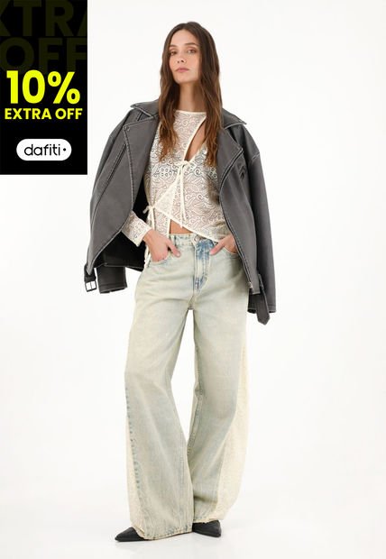 Jean Wide Leg Tiro Alto Con Encaje En Laterales Para Mujer