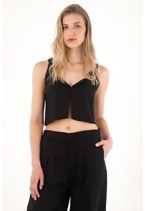 Tennis Camisa Crop En 100% Lino Negra Para Mujer