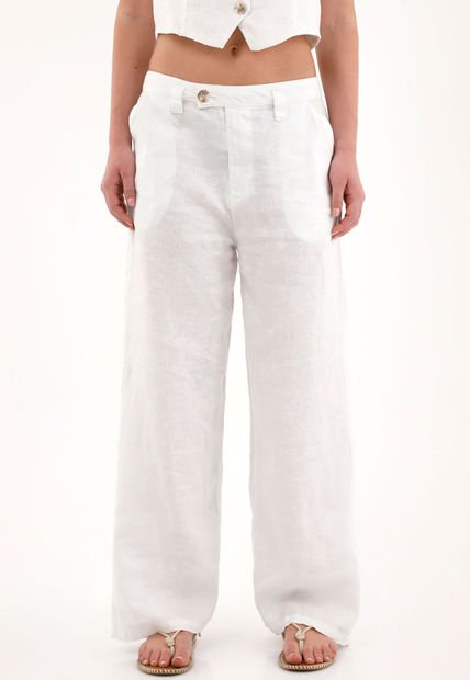 Pantalón Wide Leg Blanco En 100% Lino Para Mujer