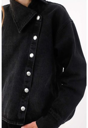 Tennis Chaqueta Boxy Con Cierre Asimétrico De Botones Metálicos En Algodón Negro Para Mujer